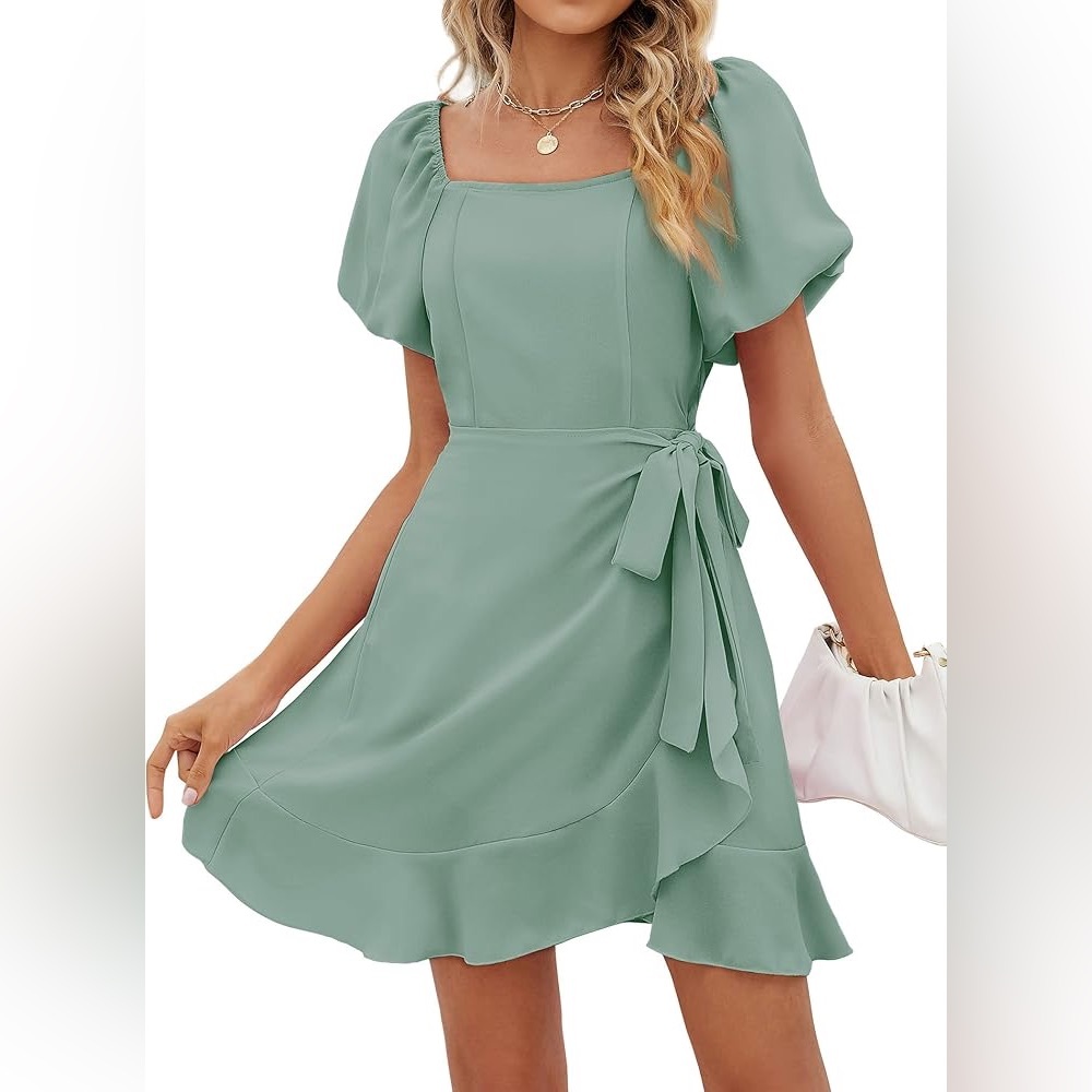 Elegant Green Puff Sleeve Dress